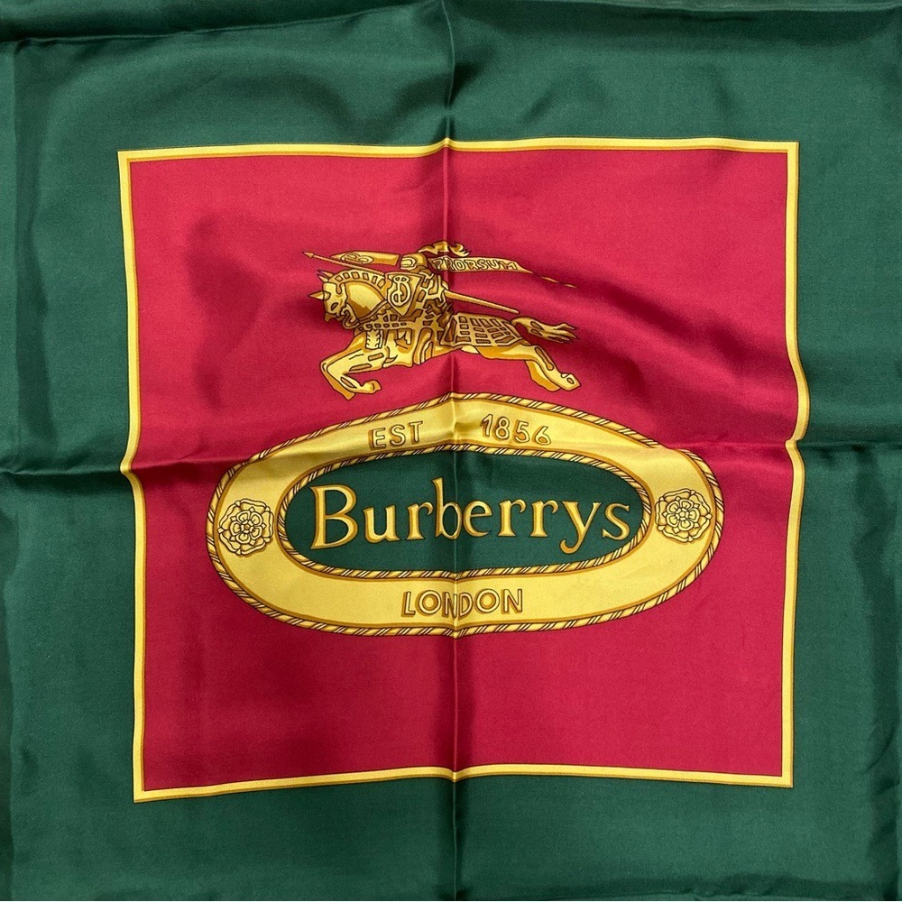 Vintage Burberrys London Silk Scarf Green Red Equestrian Prorsum Knight Logo - Picture 3 of 11